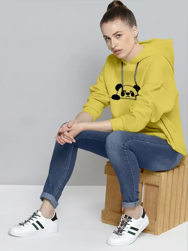 Full Sleeves Printed Hoodie for Women (Yellow, M)