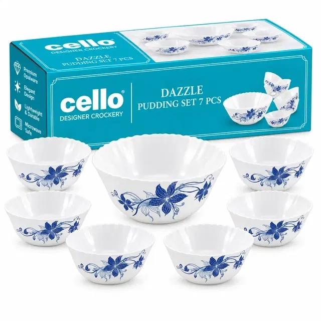Cello Dazzle Blue Swirl Pudding Set 07 Pc | Set Of 7 | Microwave & Dishwasher Safe | Chip-Resistant Opalware | Serve & Store