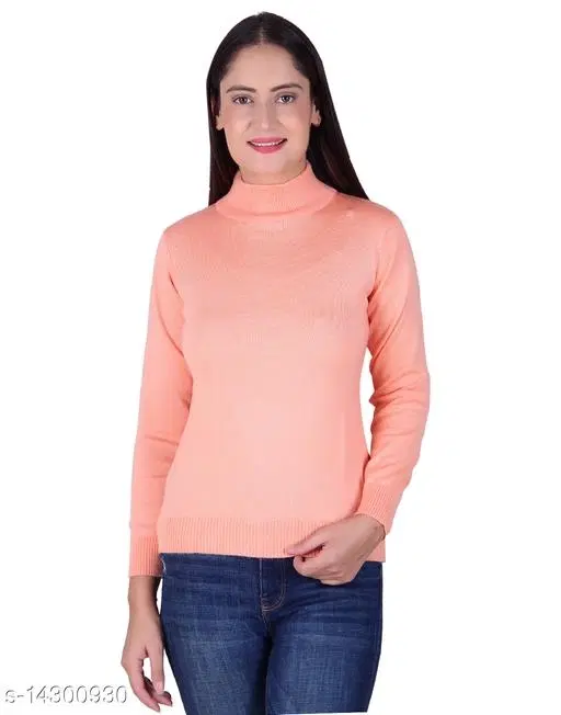 Hi-Neck Sweater for Women (Peach, L)