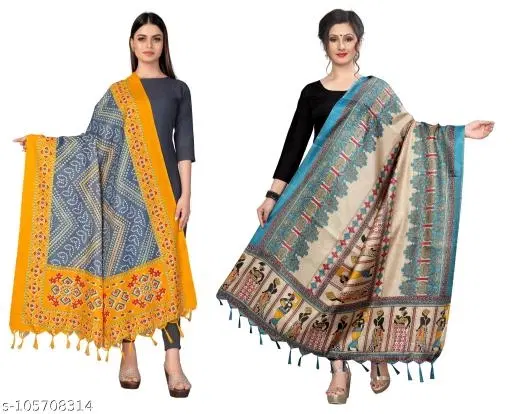 Printed Khadi Cotton Dupatta with Tassels for Women, Pack of 2 (Multicolor, One Size)