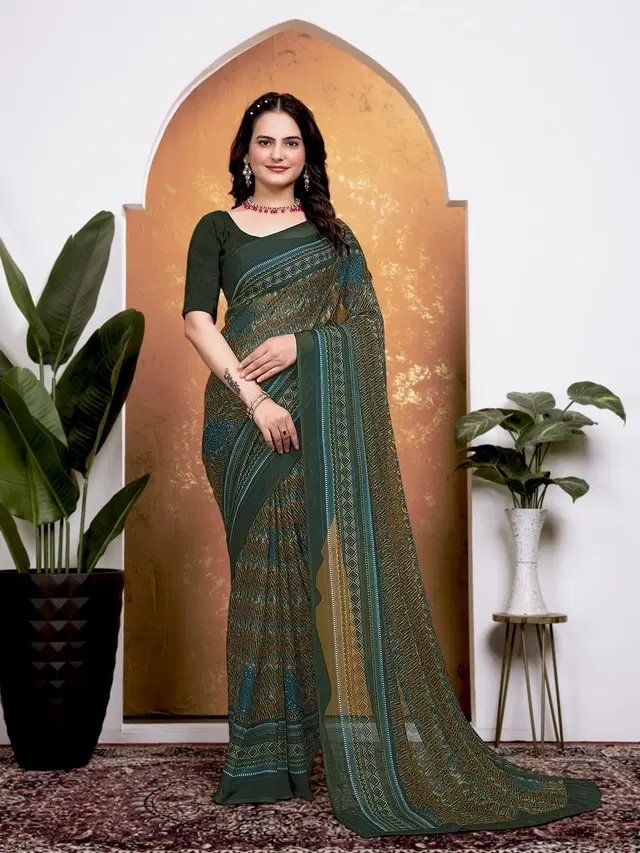 Georgette Printed Saree for Women, Green