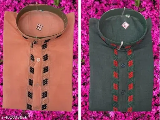 Cotton Solid Kurta for Men, Peach & Bottle Green, Pack of 2 (M)