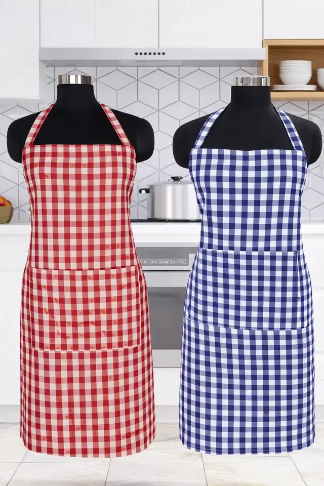Krishna E Check Aprons  with Pocket Pack of 2 Blue & Red
