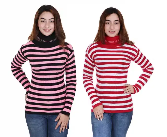 Full Sleeves Striped Sweater for Women, Pack of 2 (Light Pink & Red, S)
