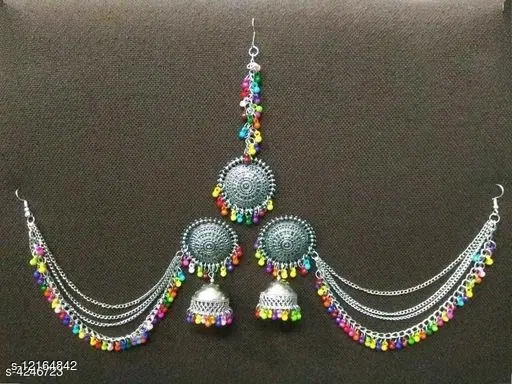 Multi Bahubali Earrings with Chain and maang tikka