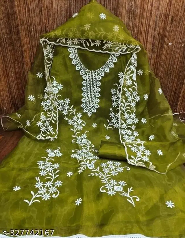 Embroidered Unstitched Suit for Women (Olive, 2.25 m)