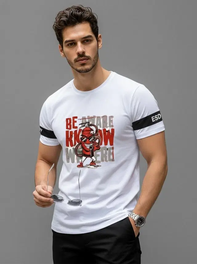 Polyester Printed T-shirt for Men, White (XL)
