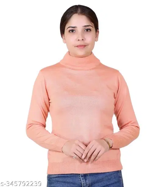 Hi-Neck Sweater for Women (Peach, M)
