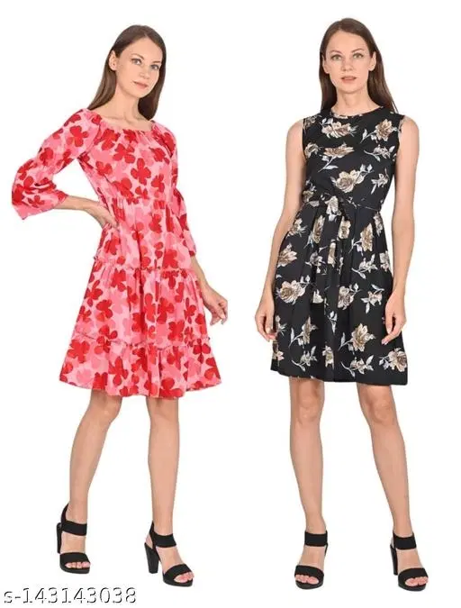 Cotton Printed Midi Dresses or Women, Black & Red, Pack of 2 (28)