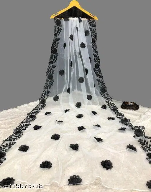 Embroidered Marwadi Net Floral Sewing & Embroidery (White, Free Size)