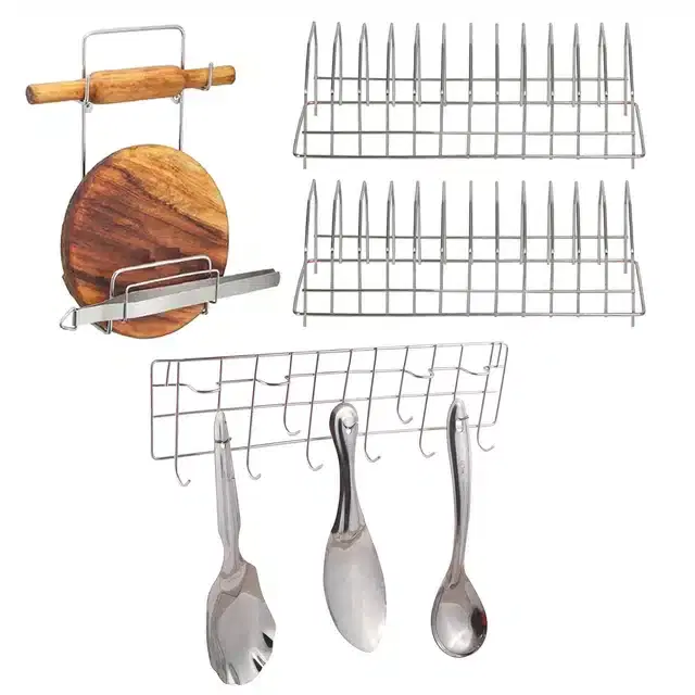 Stainless Steel Plate Stand & Chakla Belan Stand with Wall Mounted Ladle Rail, Set of 4, Silver