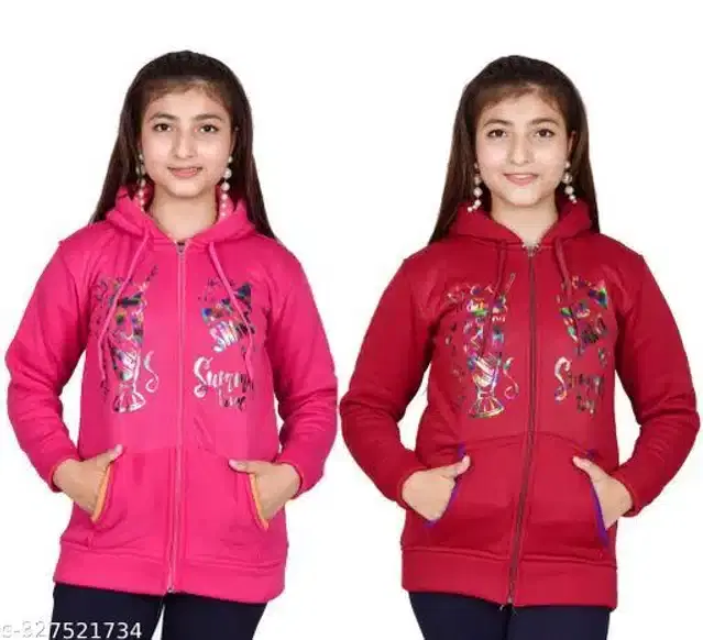 Woolen Full Sleeves Hooded Sweatshirts for Girls, Pack of 2 (Dark Pink & Maroon, 10-11 Years)