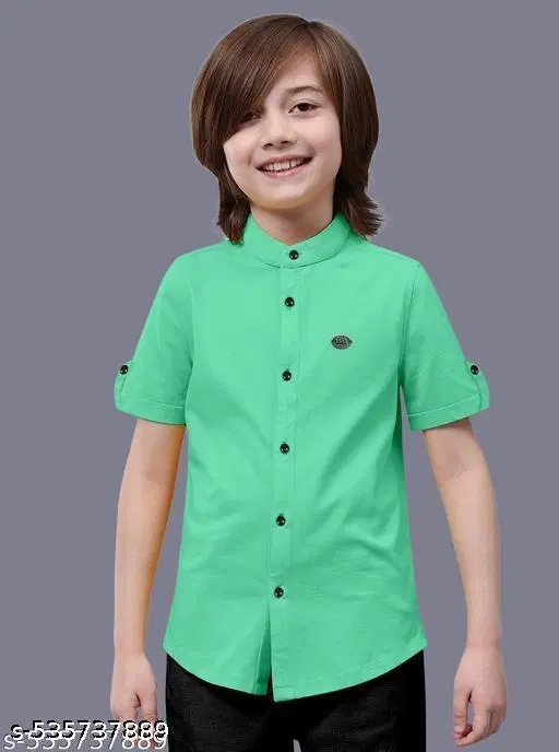 Solid Cotton Blend Mandarin Neck Short Sleeves Shirt for Boys (Green, 8-9 Years)