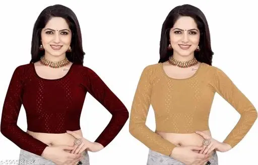 Lycra Ready Made Blouse for Women, Yellow & Maroon, Pack of 2 (38)