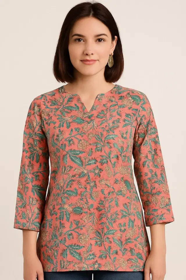 Cotton Blend Floral Print Short Kurti for Women, Multicolor (L)