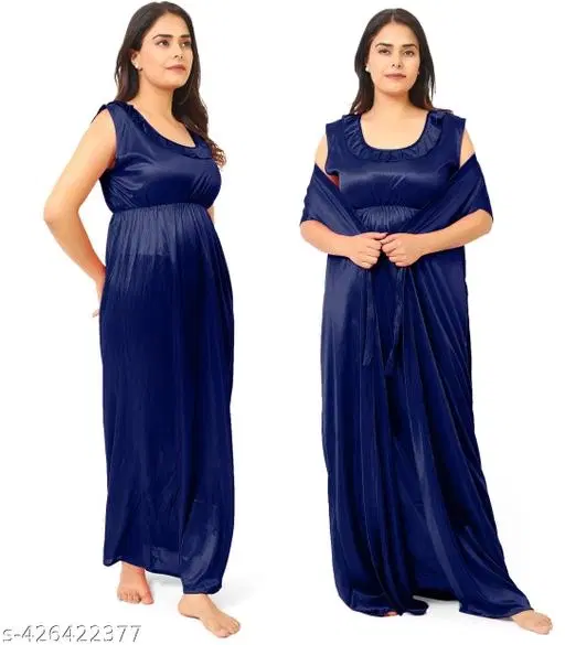 Satin Soft & Attractive Nightdress for Women & Girls , Navy Blue (M)