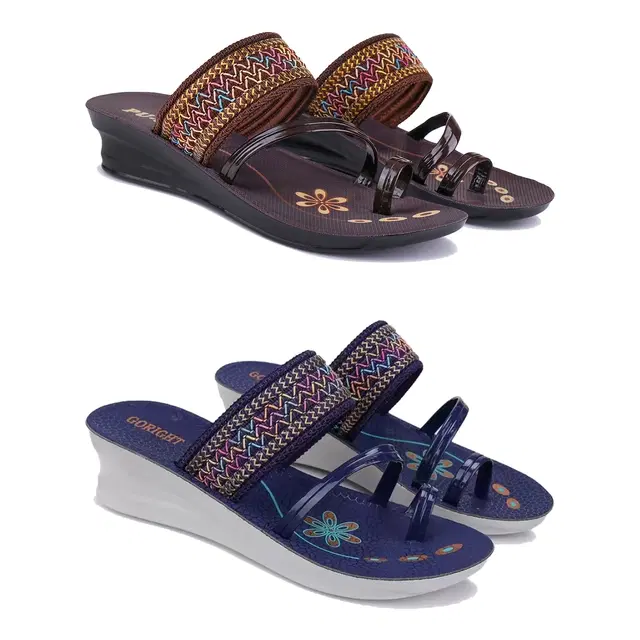 Sandals for Women, Pack of 2 (Brown & Blue, 7)