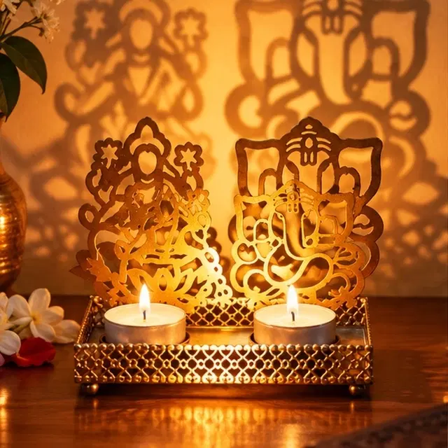 Metal Shadow Diya Lakshmi Ganesh 1 Pc, Decorative Light For Pooja, Home Temple & Diwali Decor