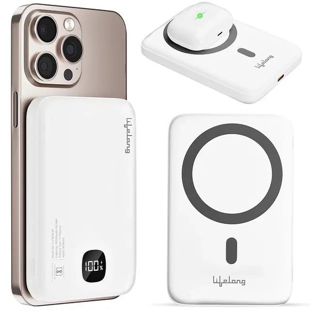 Lifelong Electronics MagSafe Wireless & Wired 10000mAh Power Bank, Fast Charging for iPhone, Android & Qi Devices, Digital Display, Strong Magnet Hold, Magnetic Ring & Cable Included (llpbvm30)