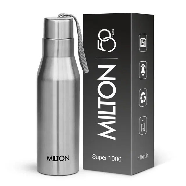 Milton Super 1000 Stainless Steel Water Bottle 1000ml | Single Wall | Leak-Proof Lid, Rust-Free | ISI Certified | BPA-Free | For School, Office, Gym, Travel | Silver Silver