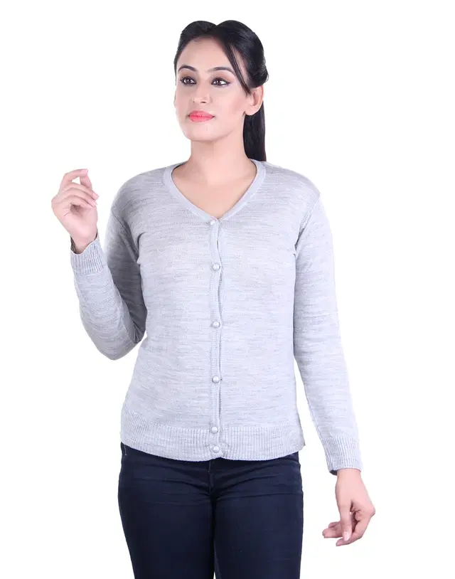 V Neck Solid Cardigans for Women (Grey, L)