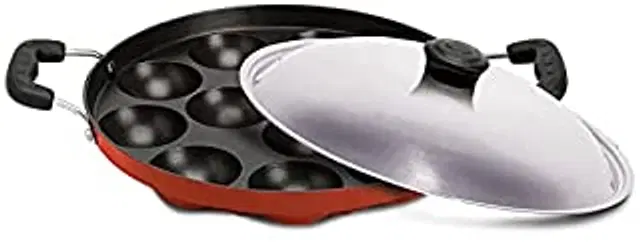 ZODEX 12 Cavities Non Stick Appam Patra with Lid and Side Handle, Multicolor, 21 cm