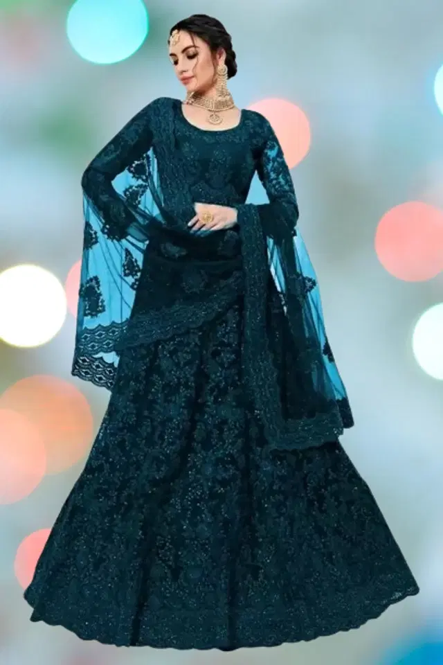 Net Embroidered Semi Stitched Lehenga for Women (Teal)