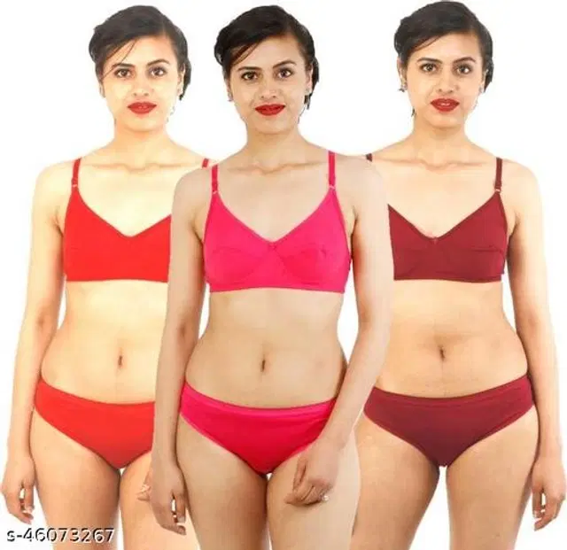 Cotton Blend Solid Lingerie Set for Women, Pack of 3 (Multicolor, 32A)