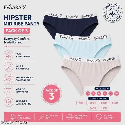 Evaara 3 Pc Mid Waist Briefs for Women (Multicolor, XS)