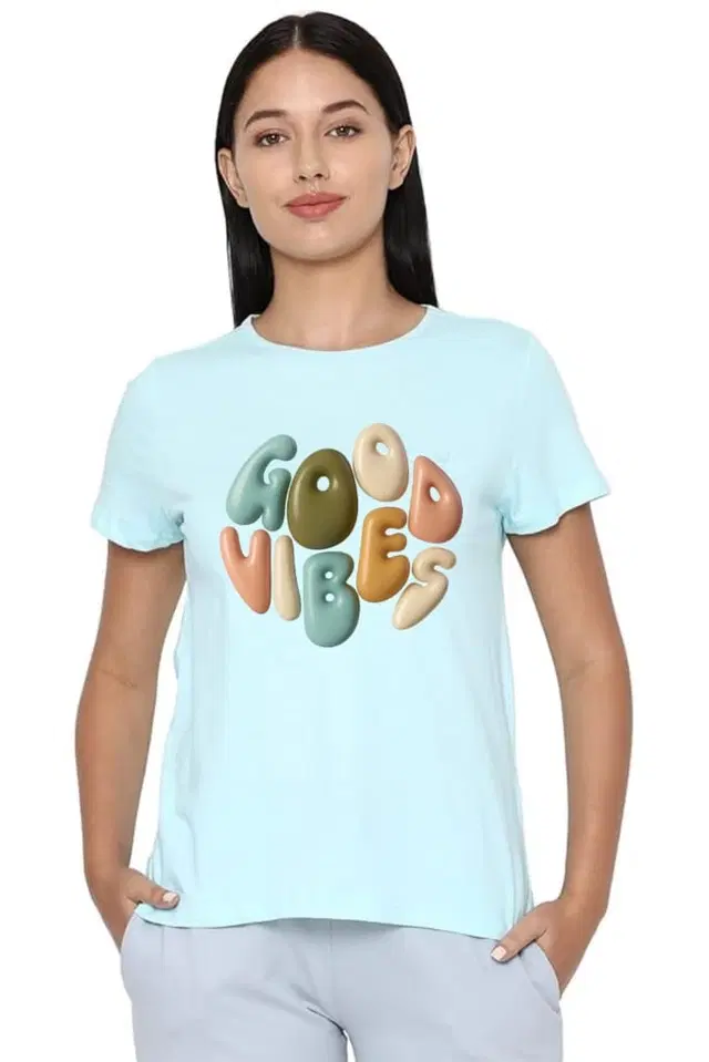 Cotton Blend Printed T-shirt for Women, Aqua Blue (L)