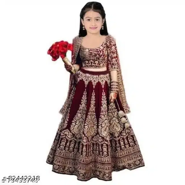 Velvet Semi Stitched Lehenga Choli for Girls (Maroon, 11-12 Years)