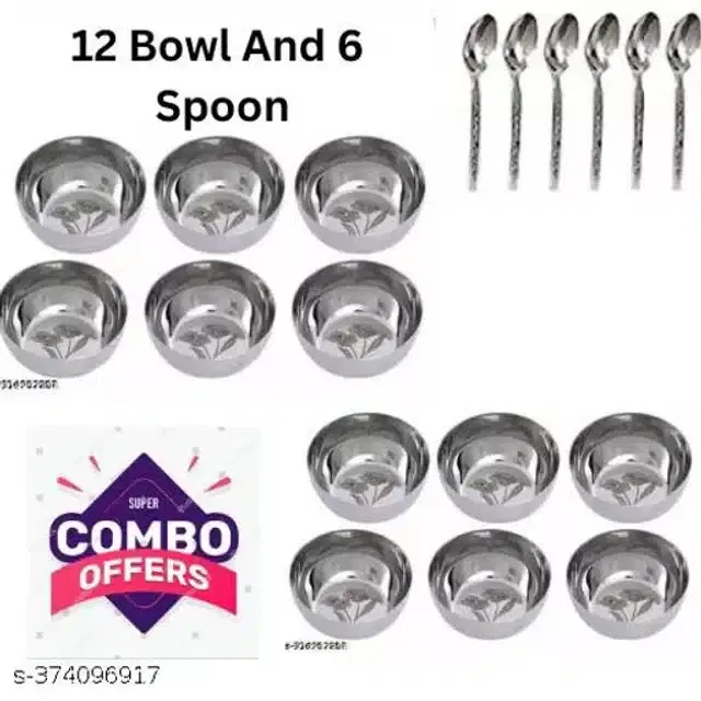 Stainless Steel 12 Pcs Bowls with 6 Pcs Spoon, Silver, Set of 2