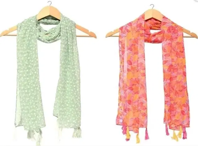 Cotton Blend Printed Scarves for Women (Green & Peach, Pack of 2)