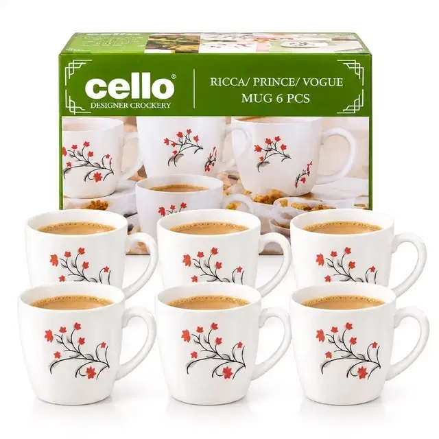 Cello Imperial Red Grapevine Ricca Mug Small, 130 ml | Set Of 6 | Microwave & Dishwasher Safe | Chip-Resistant Opalware | For Tea, Coffee & Milk