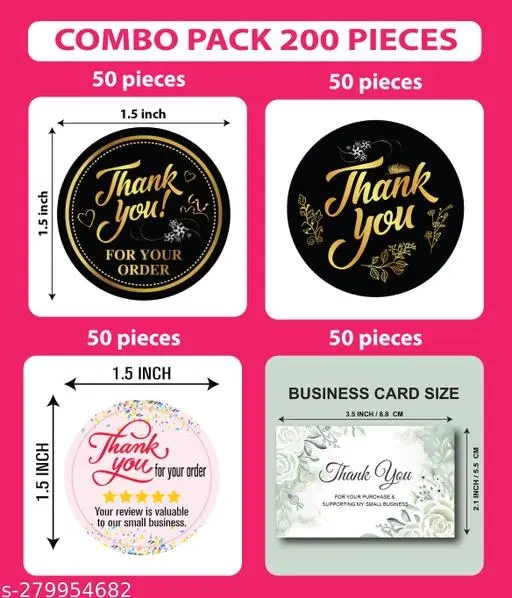 Combo of 150 Pcs Thank You Stickers, 1.5 inches & 50 Pcs Visiting Card, 3.5x2.1 inches, Multicolor, Set of 2