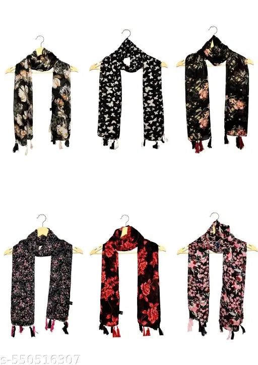 Chiffon Scarves for Women, Multicolor, Pack of 6