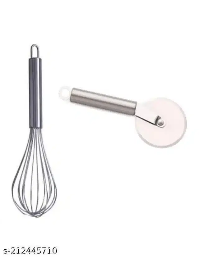 Combo of Whisker & Pizza Cutter, Silver, Combo of 2