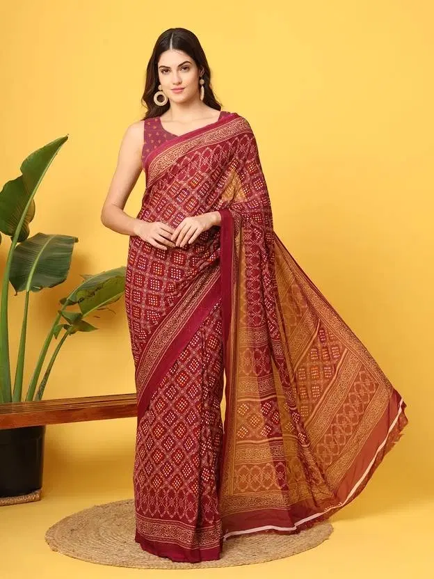 Georgette Printed Saree for Women, Maroon