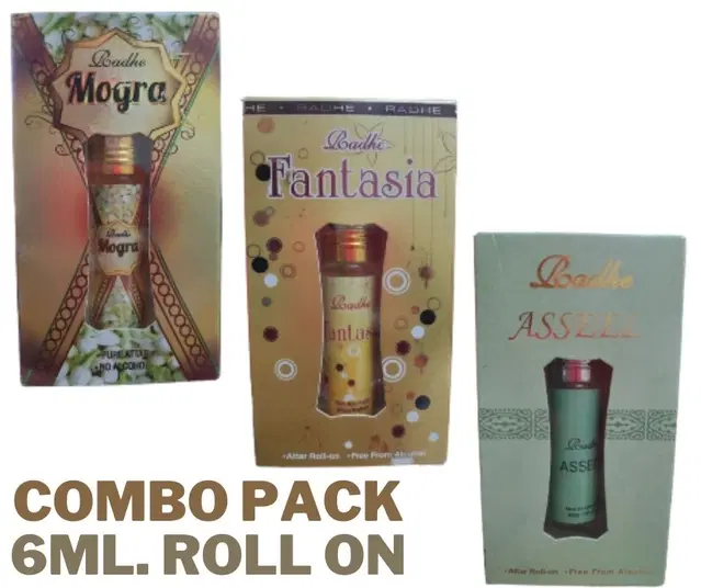 Combo of Radhe Mogra with Fantasia & Asseel Non Alcoholic Roll On Attars for Men & Women, 6 ml, Pack of 3