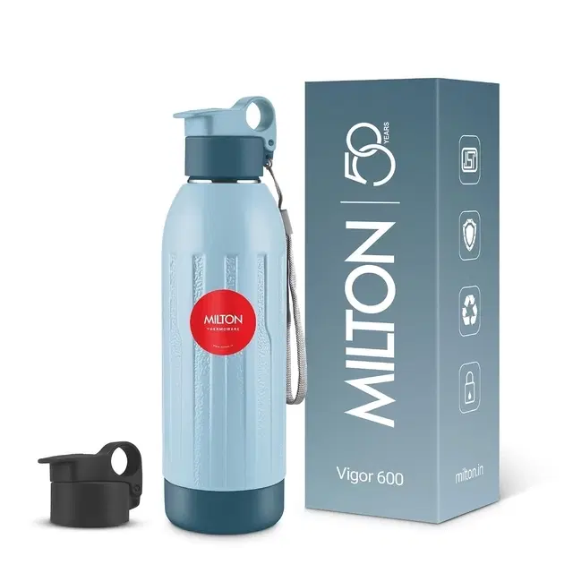 Milton Steel Vigor 600 Thermoware PU Insulated, Two Leak Proof Lid, Water Bottle, for Office, Gym, School, 520 ml, Light Blue
