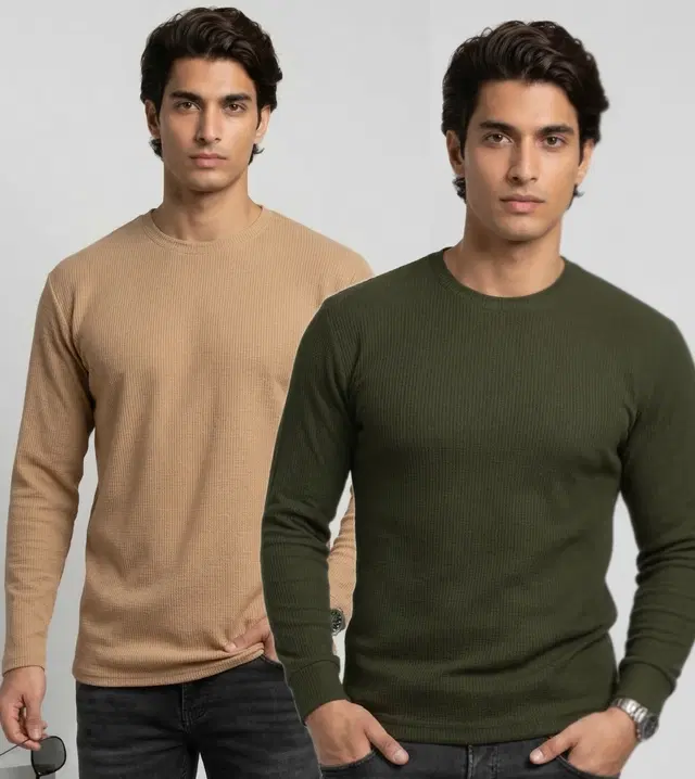Polyester T-shirt for Men, Beige & Olive, Pack of 2 (M)