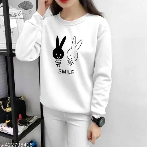 Cotton Blend Printed Sweatshirt for Women (White, XS)