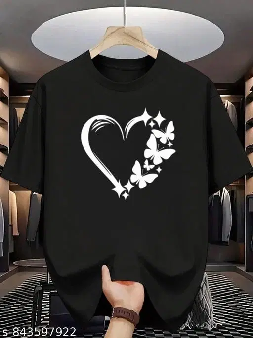 Cotton Blend Printed T-shirt for Women, Black (XXS)