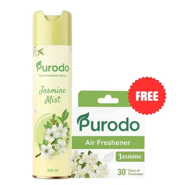 Purodo Air Freshener Spray 220ml Jasmine Mist + Air Freshner Block  Jasmine 50g (Free)