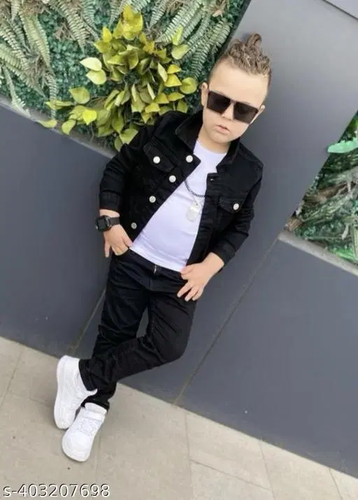 Denim Solid Jacket for Boys (Black, 6-7 Years)