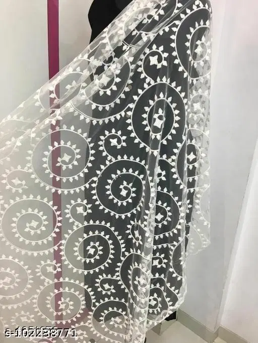 Embroidered Jamdani Net with Sequinned Ethnic Motif (White, Free Size)