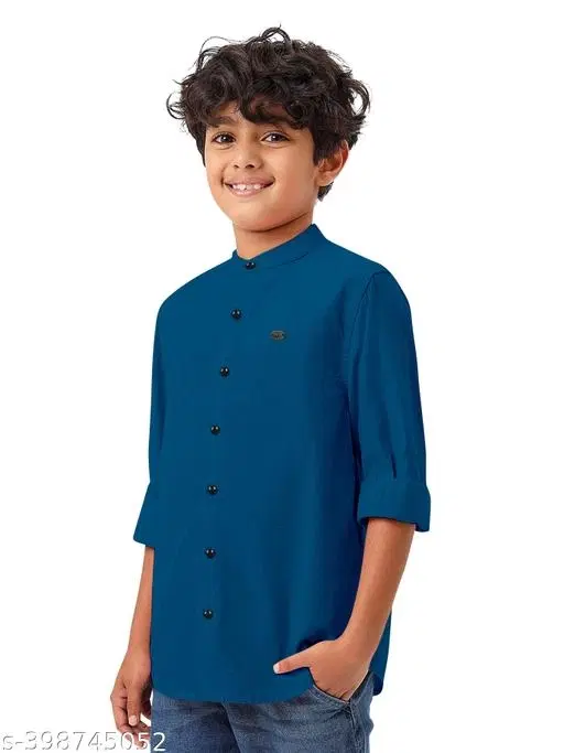 Solid Cotton Blend Mandarin Collar Long Sleeve Shirt for Boys (Teal, 4-5 Years)