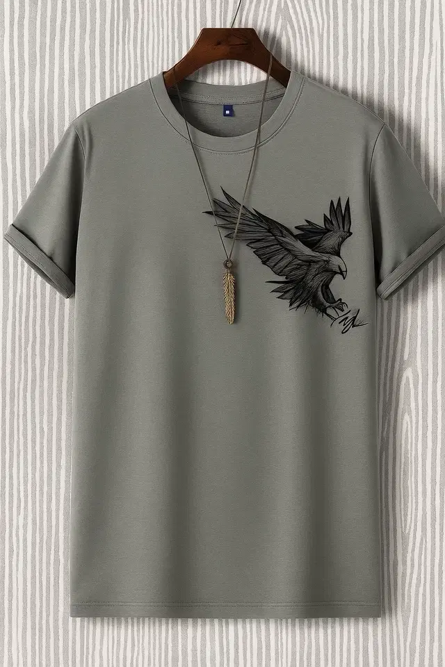 Round Neck Printed T-shirt for Men (Grey, M)