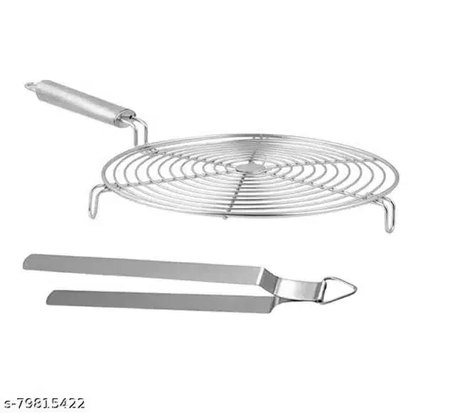 Stainless Steel BBQ Grill with Cooking Tong, Silver, Set of 2