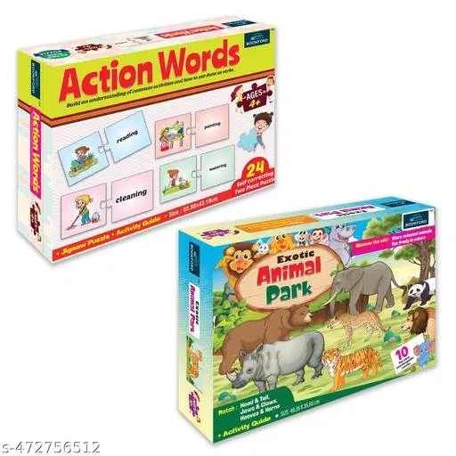 Bookford Exciting Puzzle Combo Set of 2 Jigsaw Puzzle - Action Words & Exotic Animal Park